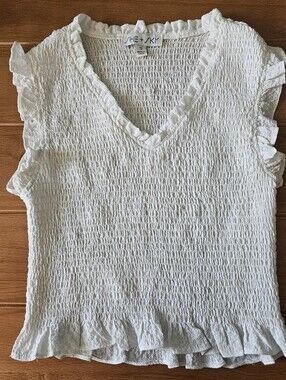 SHE + SKY White Smocked Ruffle Top Size Small Boho Cottagecore
